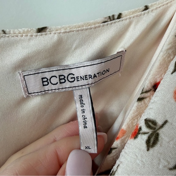 BCBGeneration Cream Floral Midi Dress Tie Straps A-Line Ditsy Floral Sundress - Picture 5 of 8